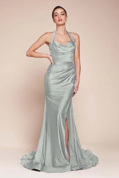 Halter Sleeveless Split Mermaid Long Prom Dress With Pleated