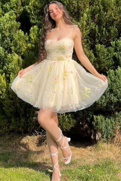 Champagne A-Line Embroidery Short Homecoming Dress