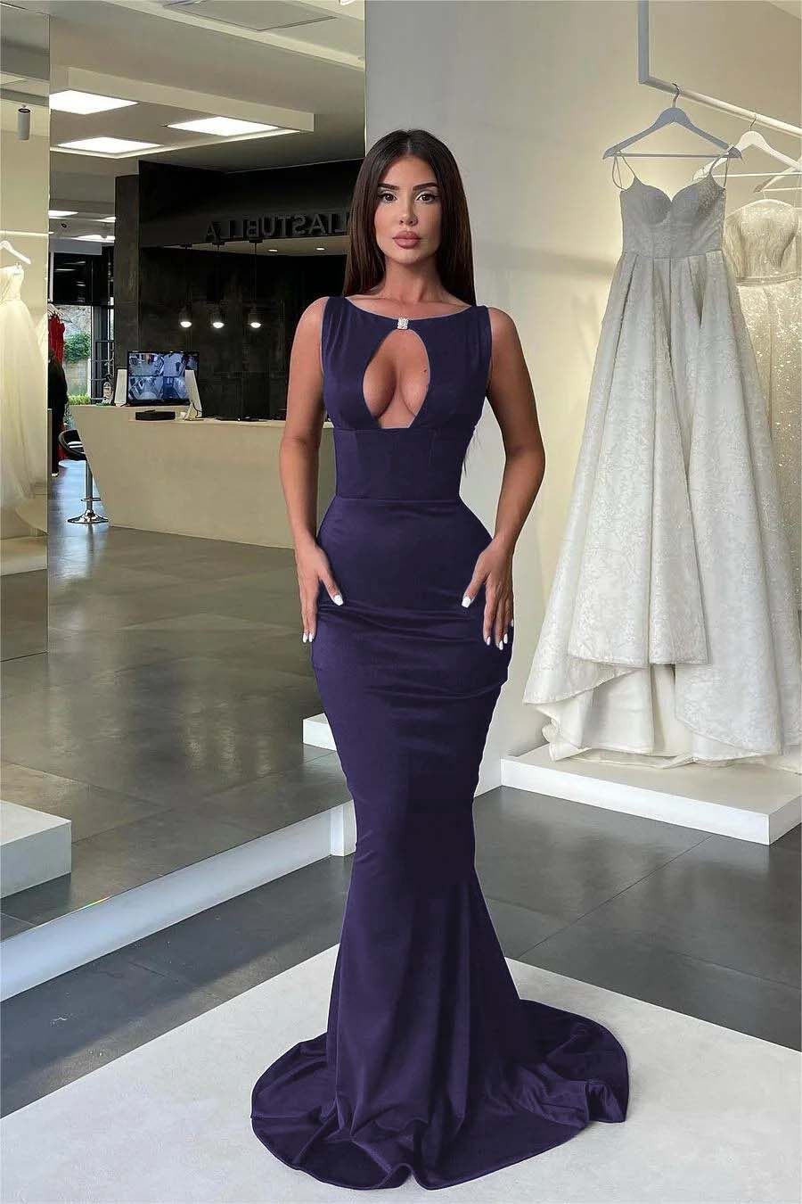 Jewel Neck Sleeveless High Waist Mermaid Prom Dress With Pleated