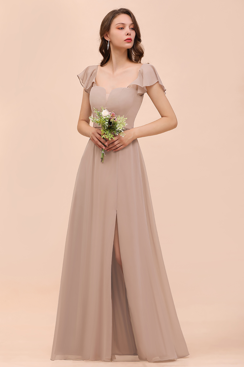 BMbridal Elegant Chiffon Slit Affordable Bridesmaid Dresses with  Short Sleeves-BMbridal