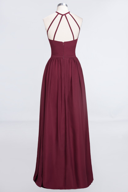 BMbridal Affordable Halter Sleeveless Long Burgundy Bridesmaid Dress with Ruffle-BMbridal