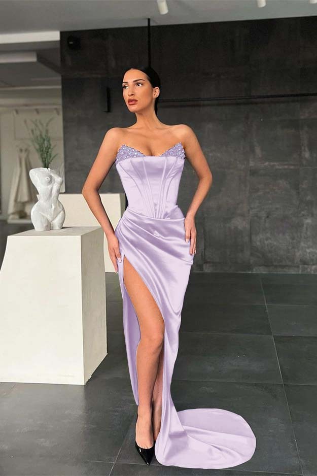 Mermaid Royal Blue Strapless Sleeveless Prom Dress High Split With Sequins