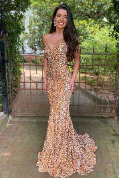 Sparkly Gold Sweetheart Mermaid Long Sequin Prom Dress