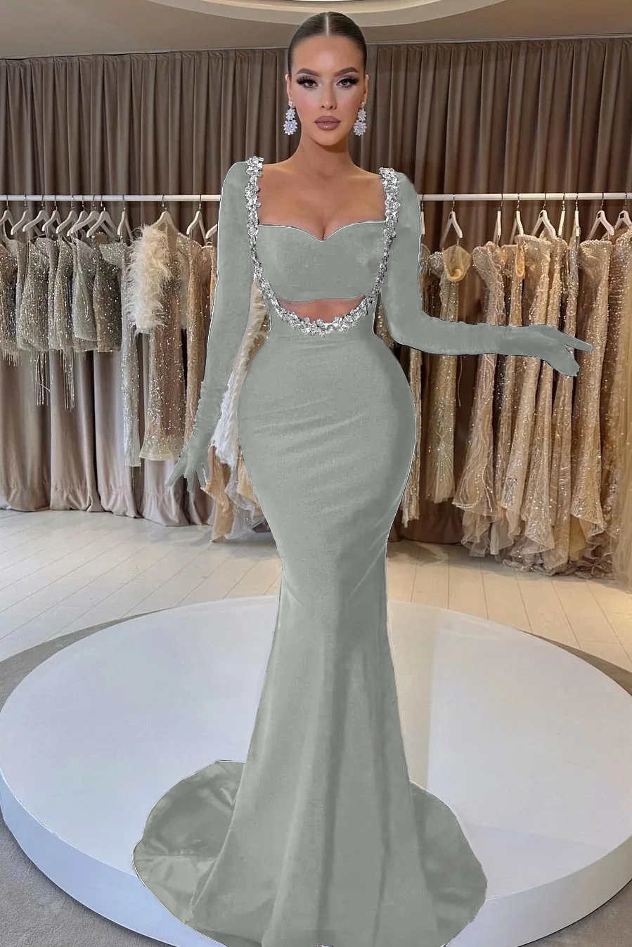 Charming Black Velvet Long Sleeve Beaded Long Mermaid Prom Dress With Gloves