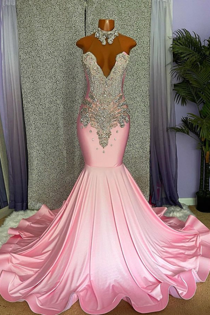 Mermaid Pink High Neck Sleeveless Prom Dress Beaded With Appliques