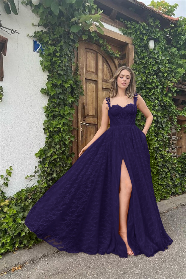 Straps Sleeveless Sweetheart Long Prom Dress With High Split