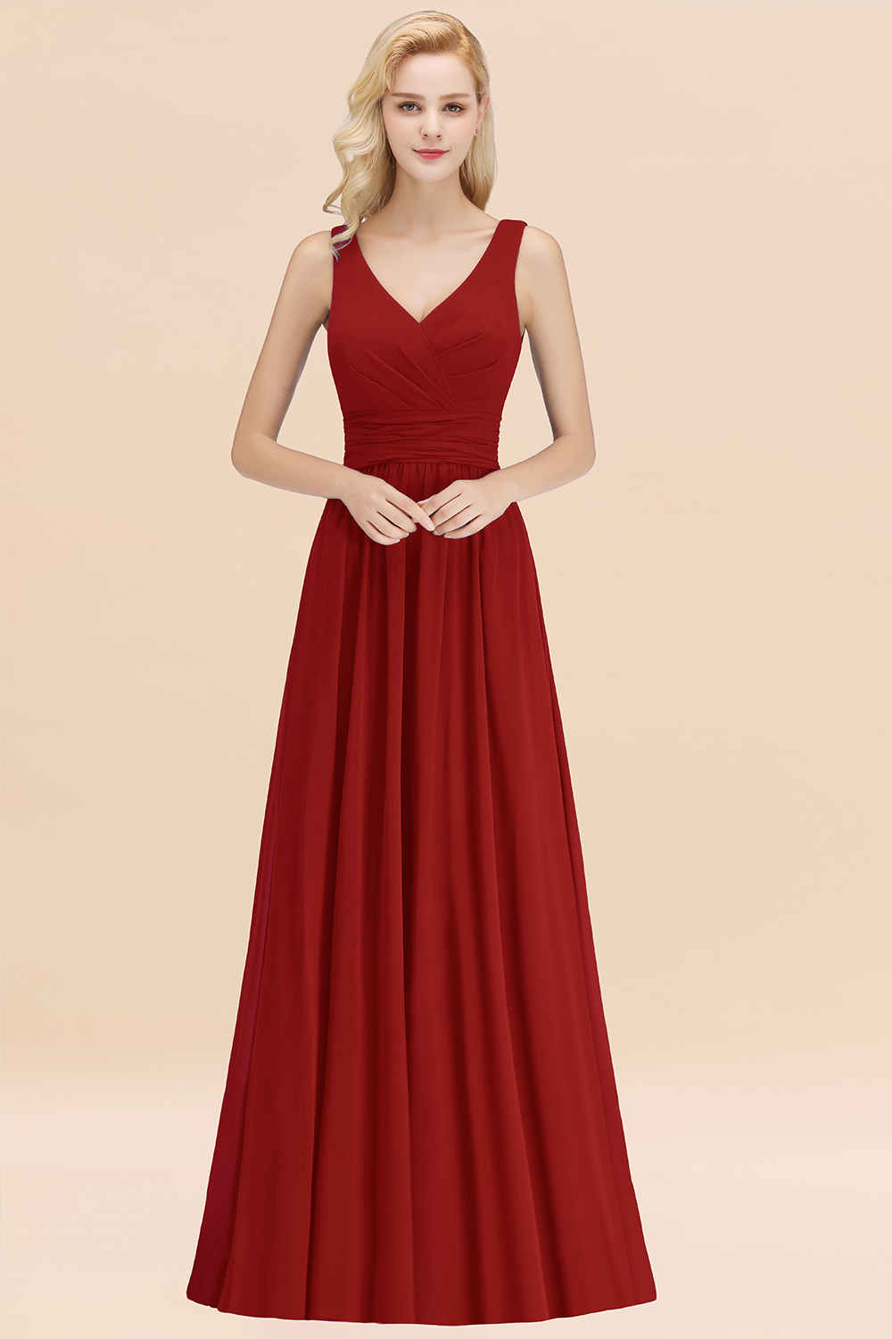 BMbridal Modest Sleeveless V-Neck Long Chiffon Bridesmaid Dress Online with Ruffle-BMbridal