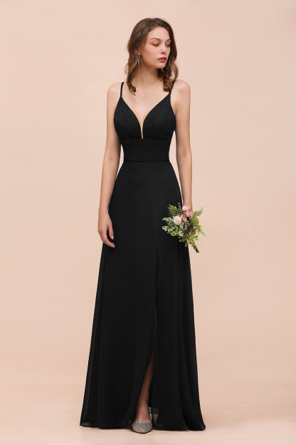 BMbridal Deep V Neck Spaghetti Straps Slit Long Black Bridesmaid Dress-BMbridal
