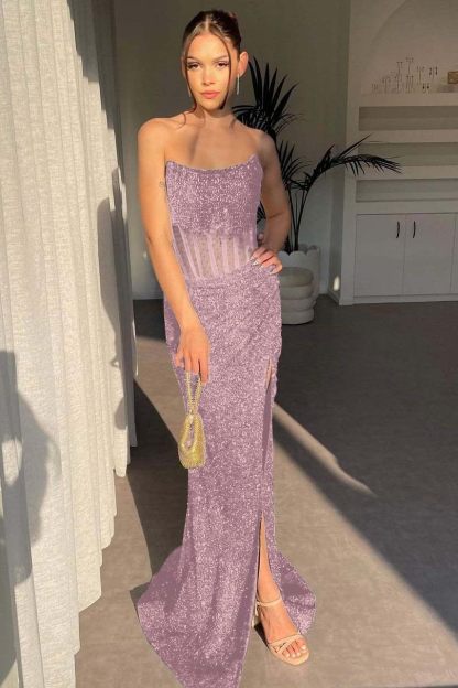 Strapless Sleeveless Mermaid Long Split Prom Dress With Sequins
