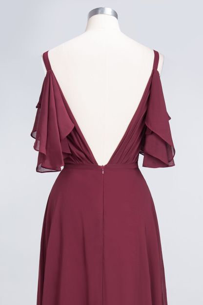 BMbridal Modest Cold-shoulder Crinkle Chiffon Long Bridesmaid Dress with Pearls-BMbridal