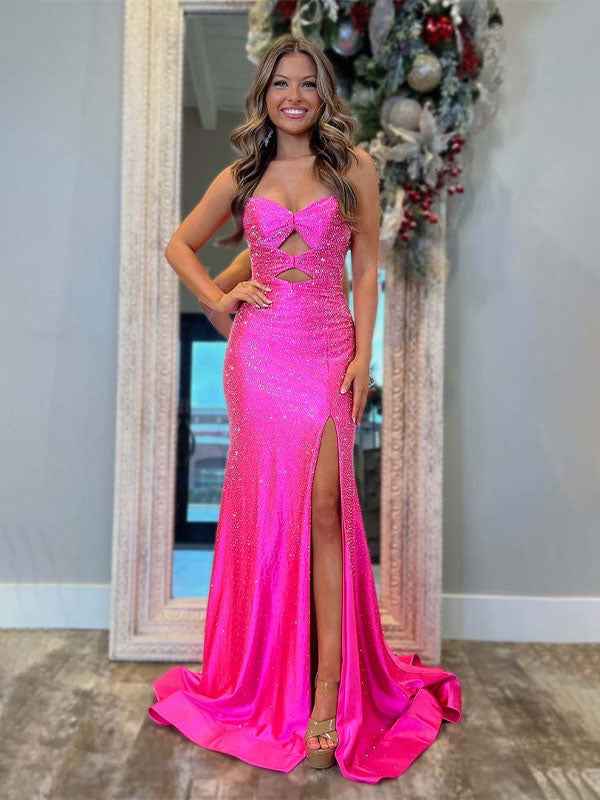 Hot Pink Mermaid Strapless Long Prom Dress with Beads