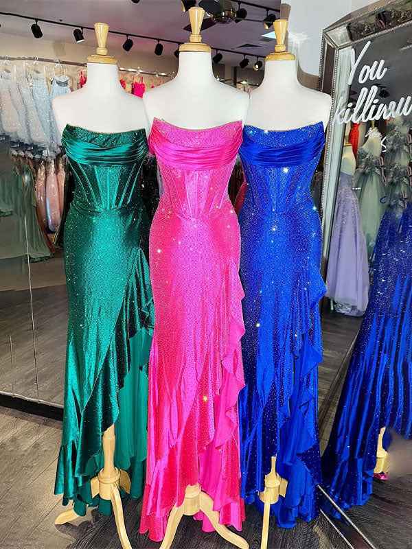 Hot Pink Mermaid Strapless Corset Bodice Long Prom Dress with Ruffle Slit
