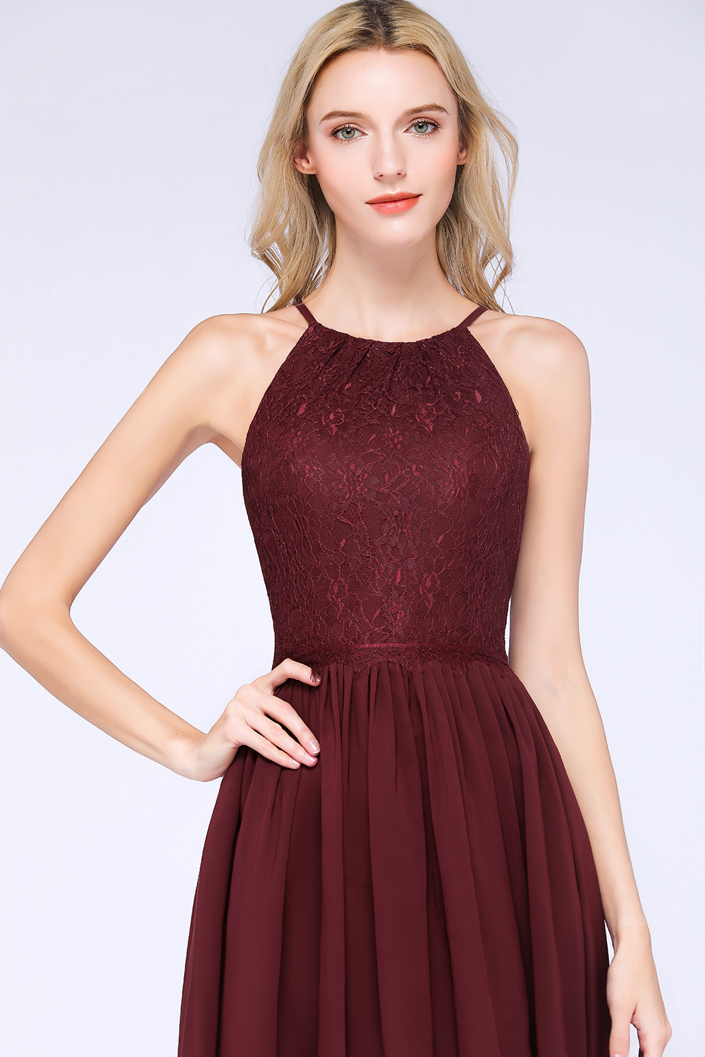 BMbridal Lovely Burgundy Lace Short Bridesmaid Dress With Spaghetti-Straps-BMbridal