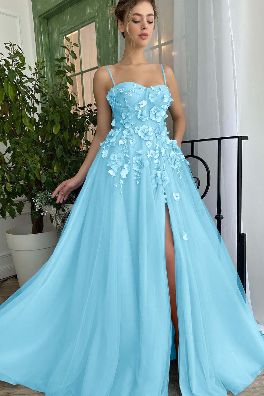 Baby Blue Sweetheart Flowers Appliques Spaghetti Strap Prom Dress With Split