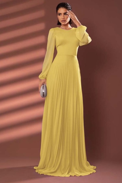 Chiffon Jewel Neck Long Sleeves Long Prom Dress With Pleated