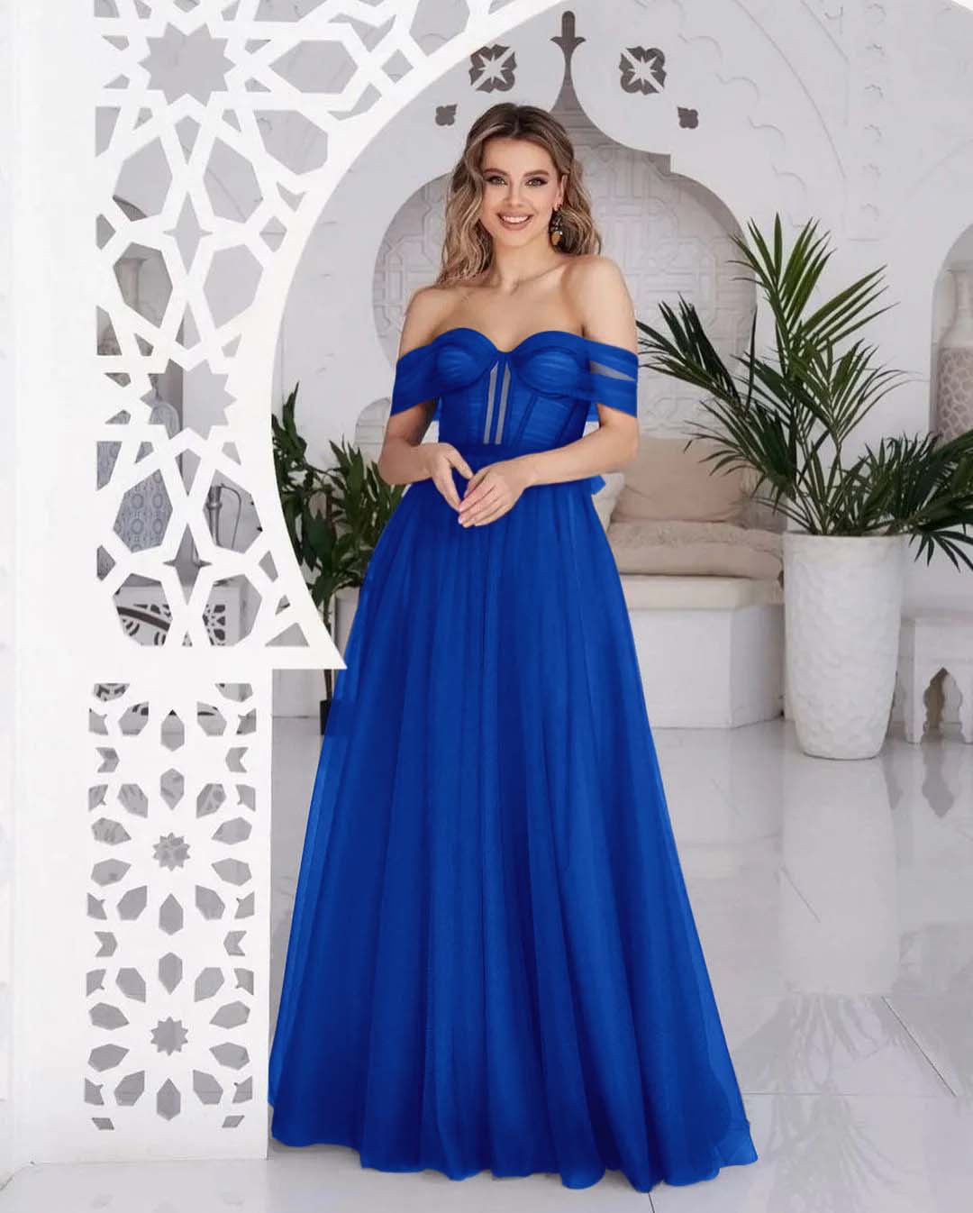 Stunning Tulle Off the Shoulder Sweetheart Strapless Royal Blue Prom Dress