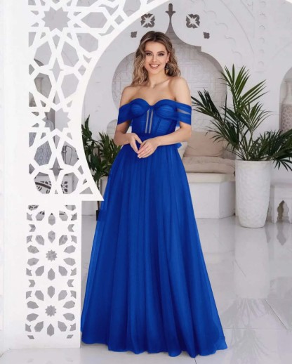 Stunning Tulle Off the Shoulder Sweetheart Strapless Royal Blue Prom Dress