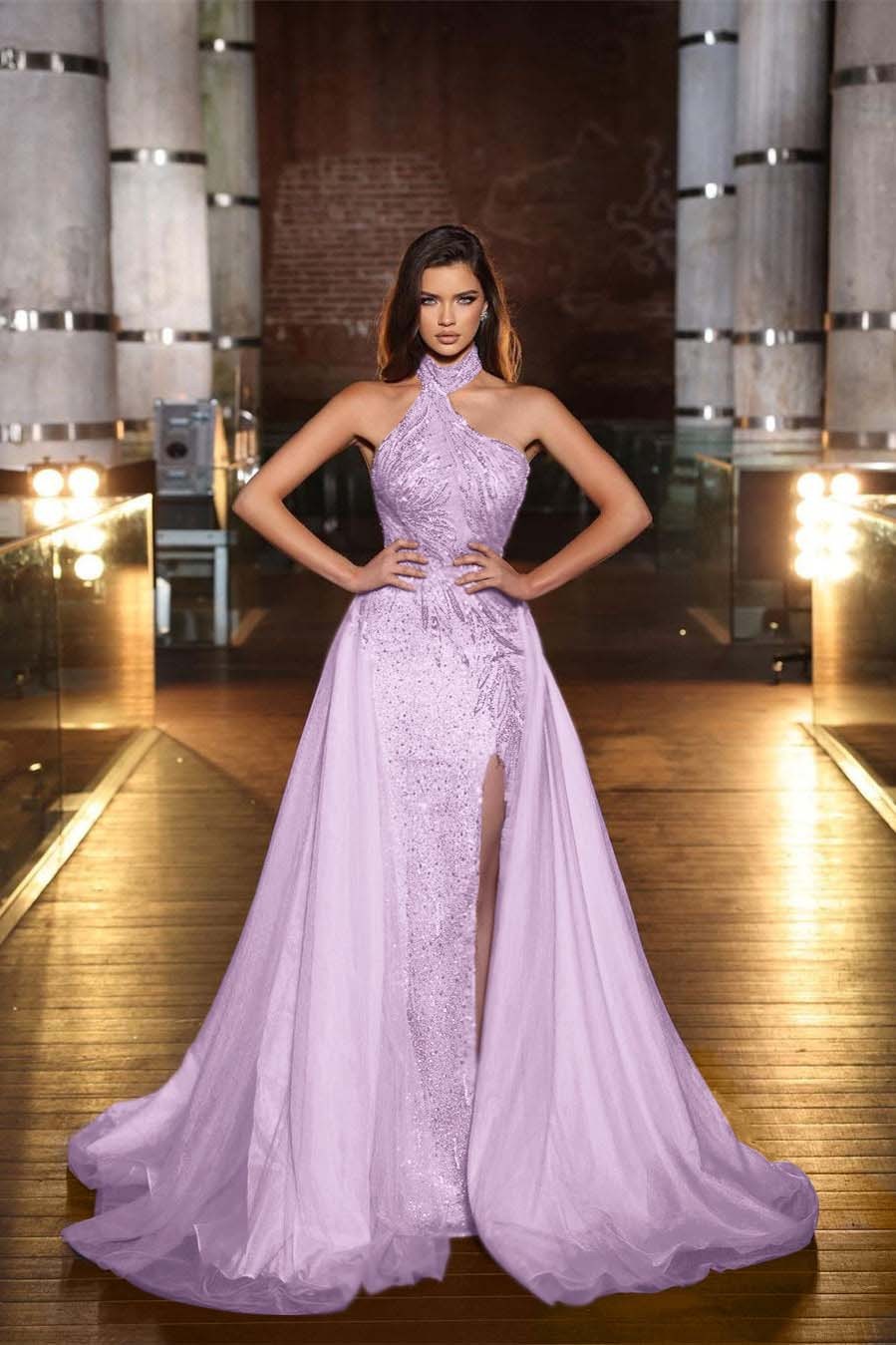 Purple Halter Mermaid Prom Dress Tulle Ruffles With Split Appliques