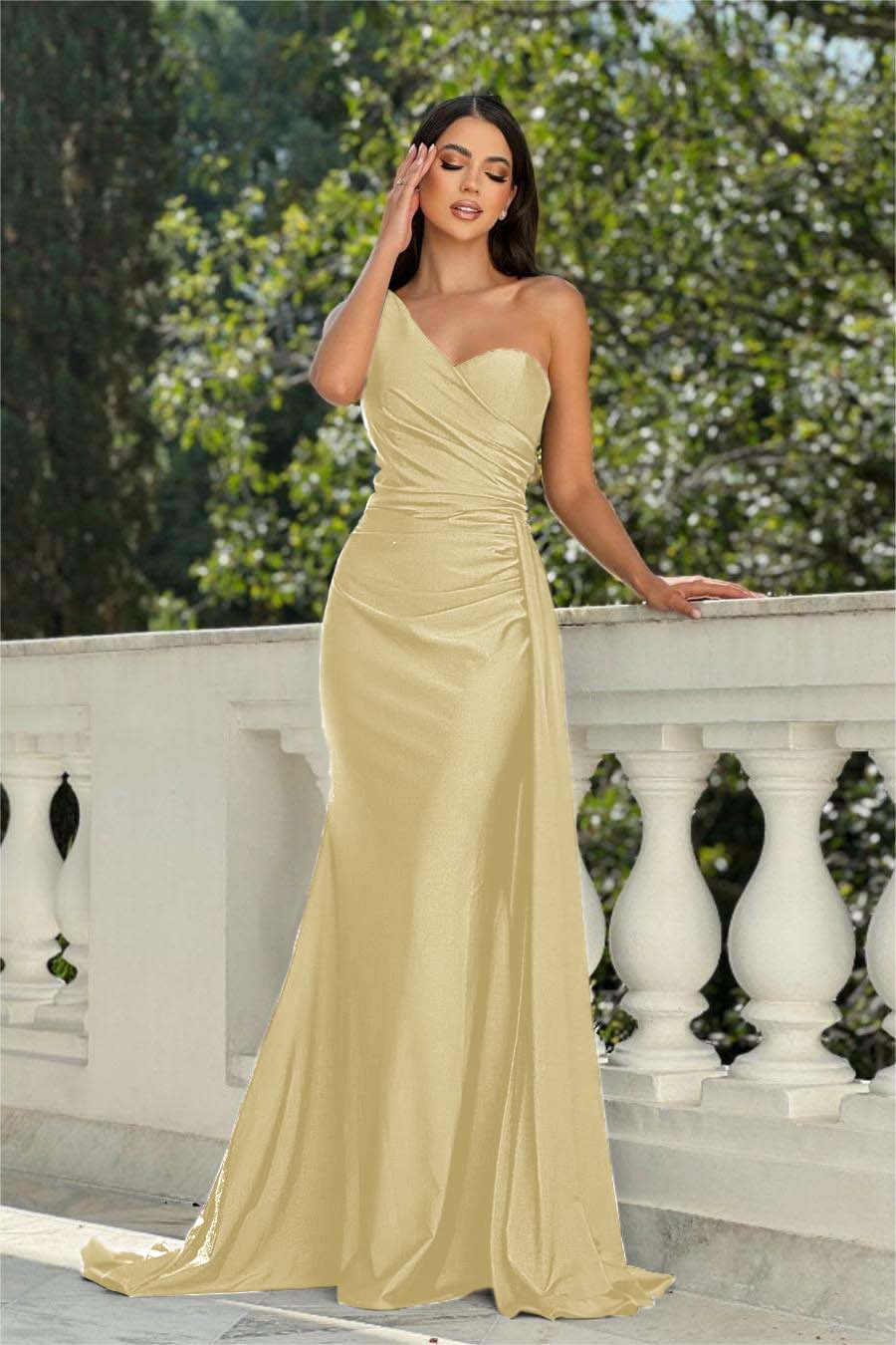 One Shoulder Sleeveless Long Mermaid Prom Dress With Pleated