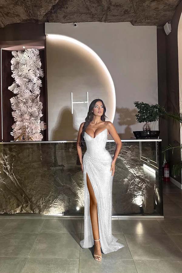 Sequin Strapless Sleeveless Long Split Prom Dress With Pleated