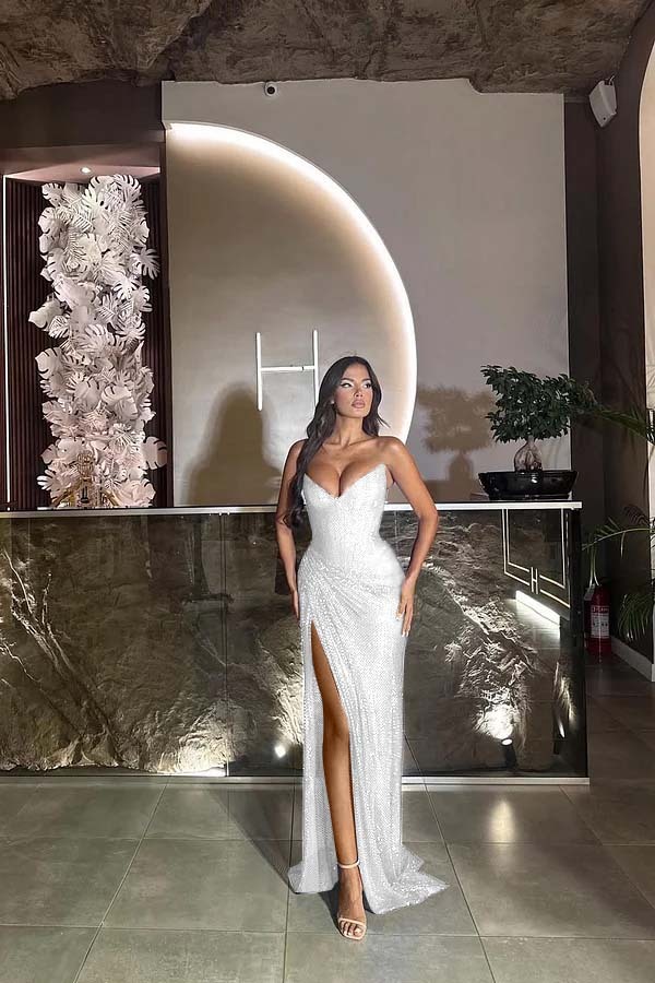 Sequin Strapless Sleeveless Long Split Prom Dress With Pleated