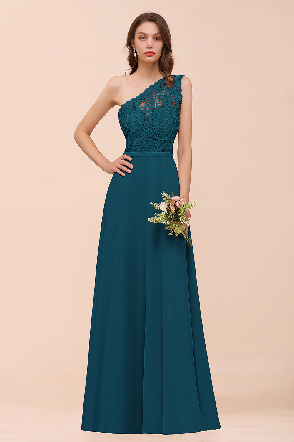 BMbridal New Arrival Dusty Rose One Shoulder Lace Long Bridesmaid Dress-BMbridal