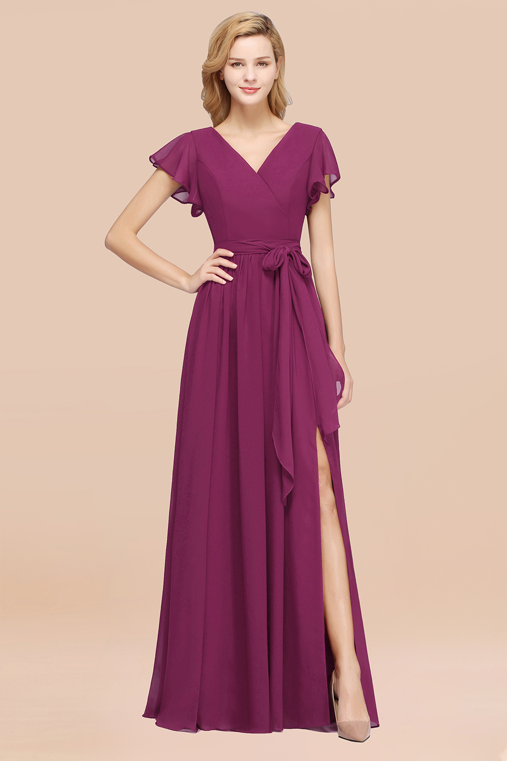 BMbridal Burgundy V-Neck Long Bridesmaid Dress With Short-Sleeves-BMbridal