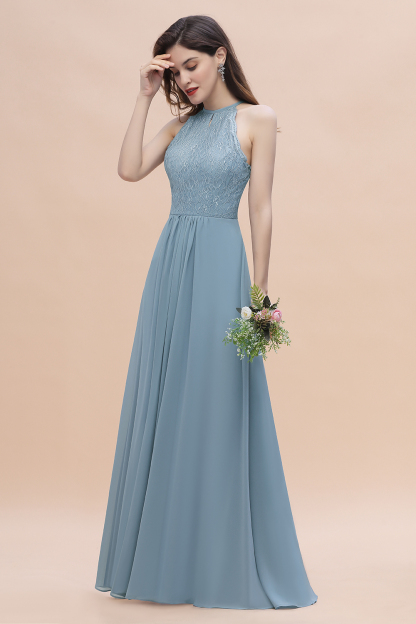 BMbridal Elegant Jewel Lace Appliques Dusty Blue Chiffon Bridesmaid Dress On Sale-BMbridal