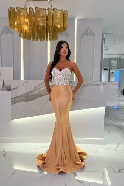 Prom Dress Satin Gold Sweetheart Sleeveless Strapless With Rhinstone Mermaid