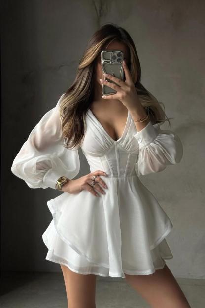 White Long Sleeves V Neck Short Prom Dress With Ruffles Pleated