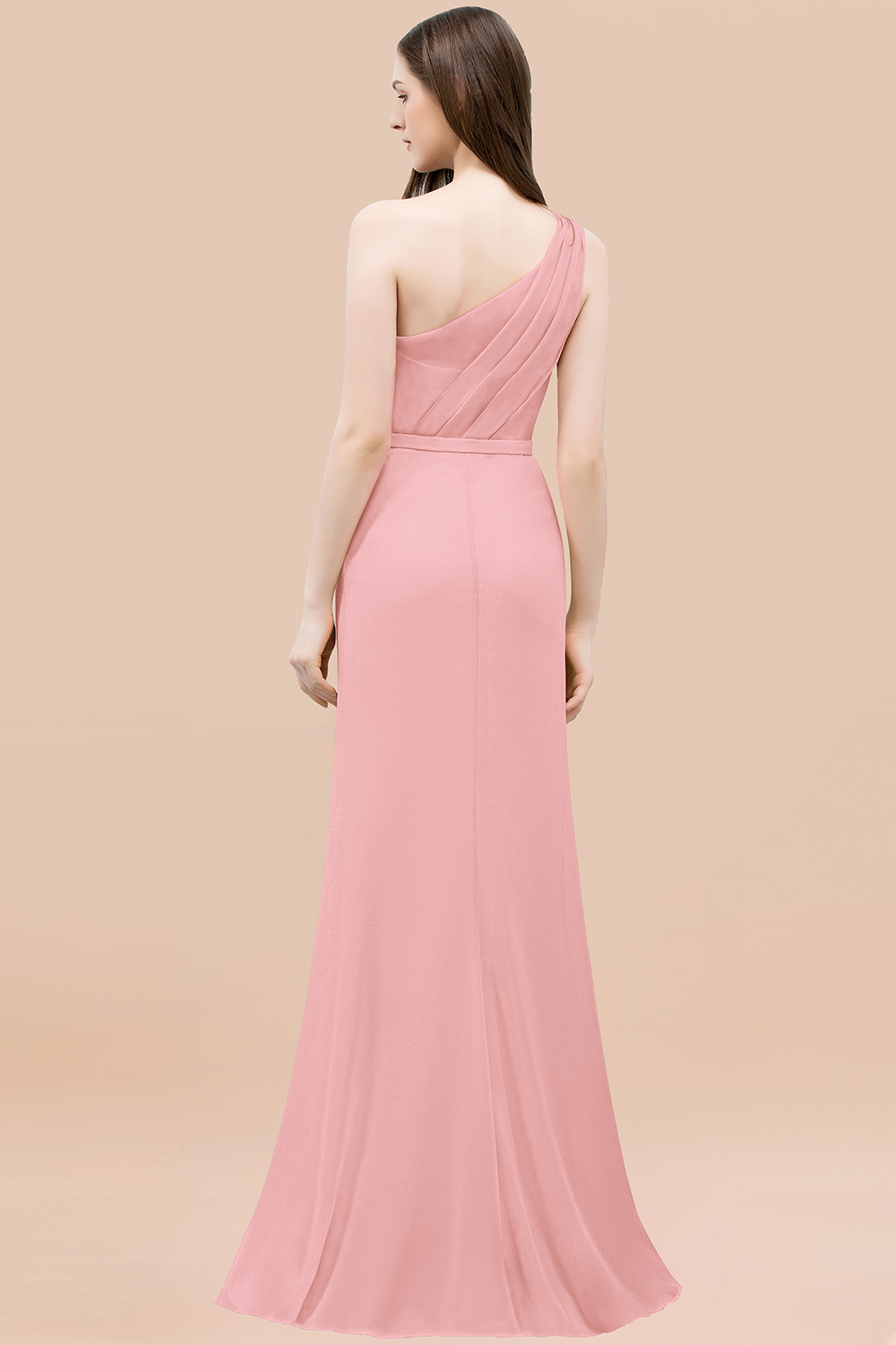 BMbridal Affordable Mermaid One shoulder Pink Bridesmaid Dresses with Flowers-BMbridal