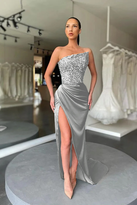 Sequins Strapless Sleeveless Dark Green Pleated Prom Dress With High Split