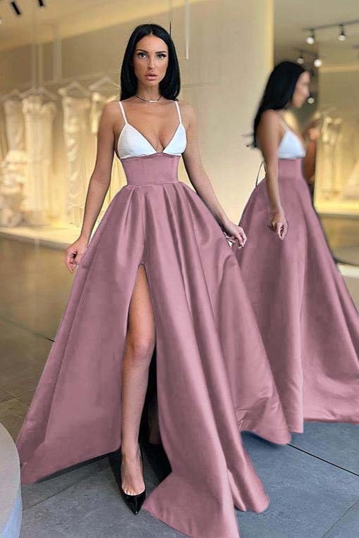 Black and White Spaghetti Strap V Neck Long Prom Dress With Front Split