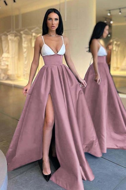 Black and White Spaghetti Strap V Neck Long Prom Dress With Front Split