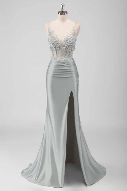 Sleeveless Spaghetti Strap Long Split Mermaid Prom Dress With Appliques