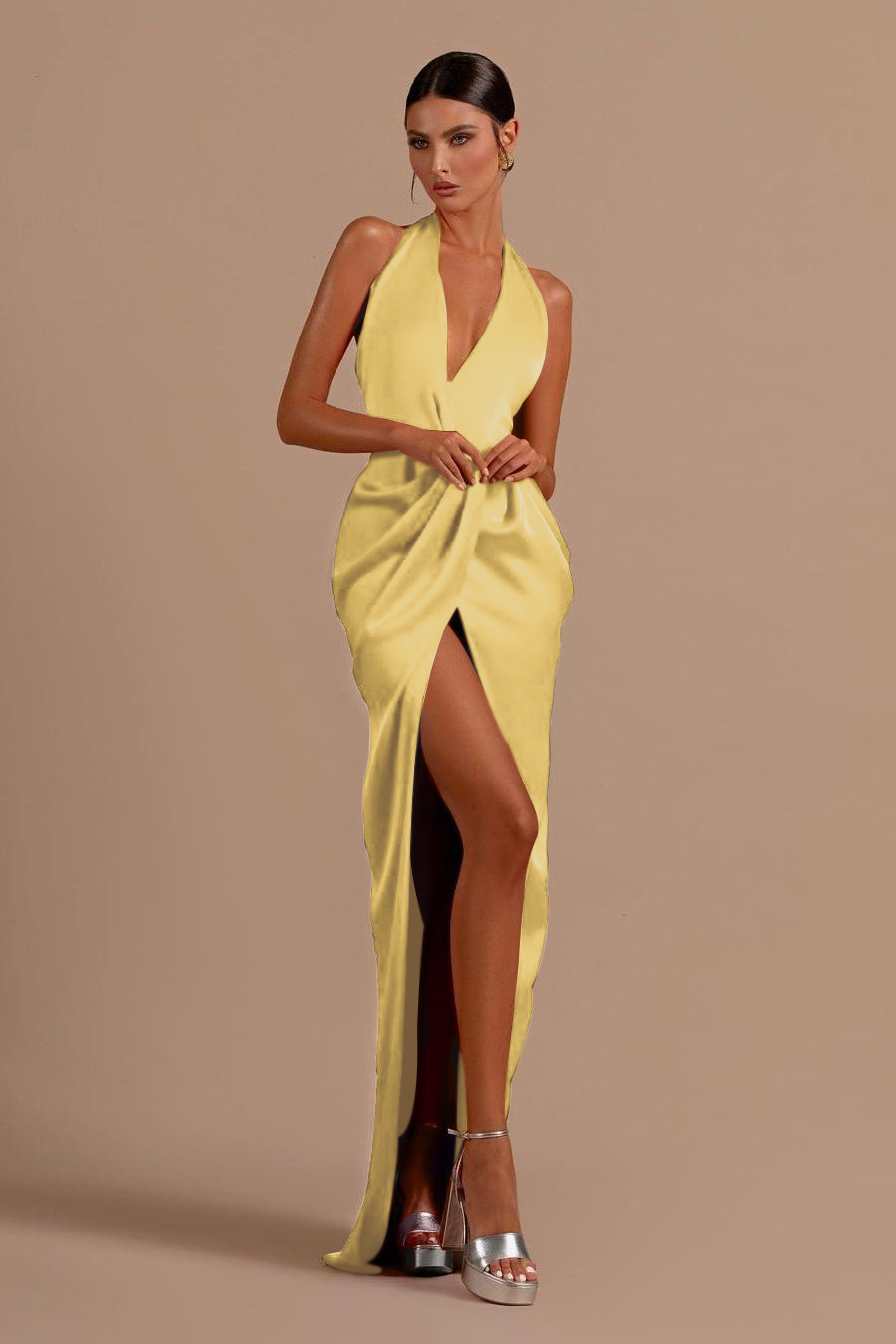 Red Halter Sleeveless Backless Long Prom Dress With Front Split