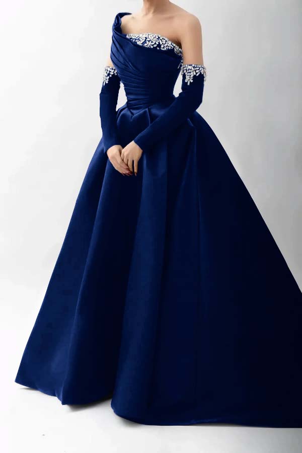 One Shoulder A Line Long Prom Dress With Beading Detachable sleeves