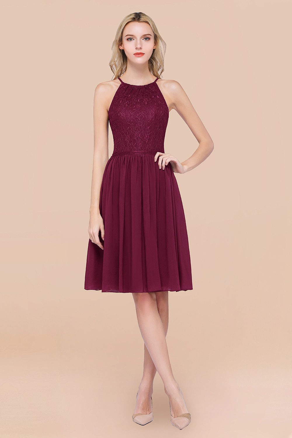 BMbridal Lovely Burgundy Lace Short Bridesmaid Dress With Spaghetti-Straps-BMbridal