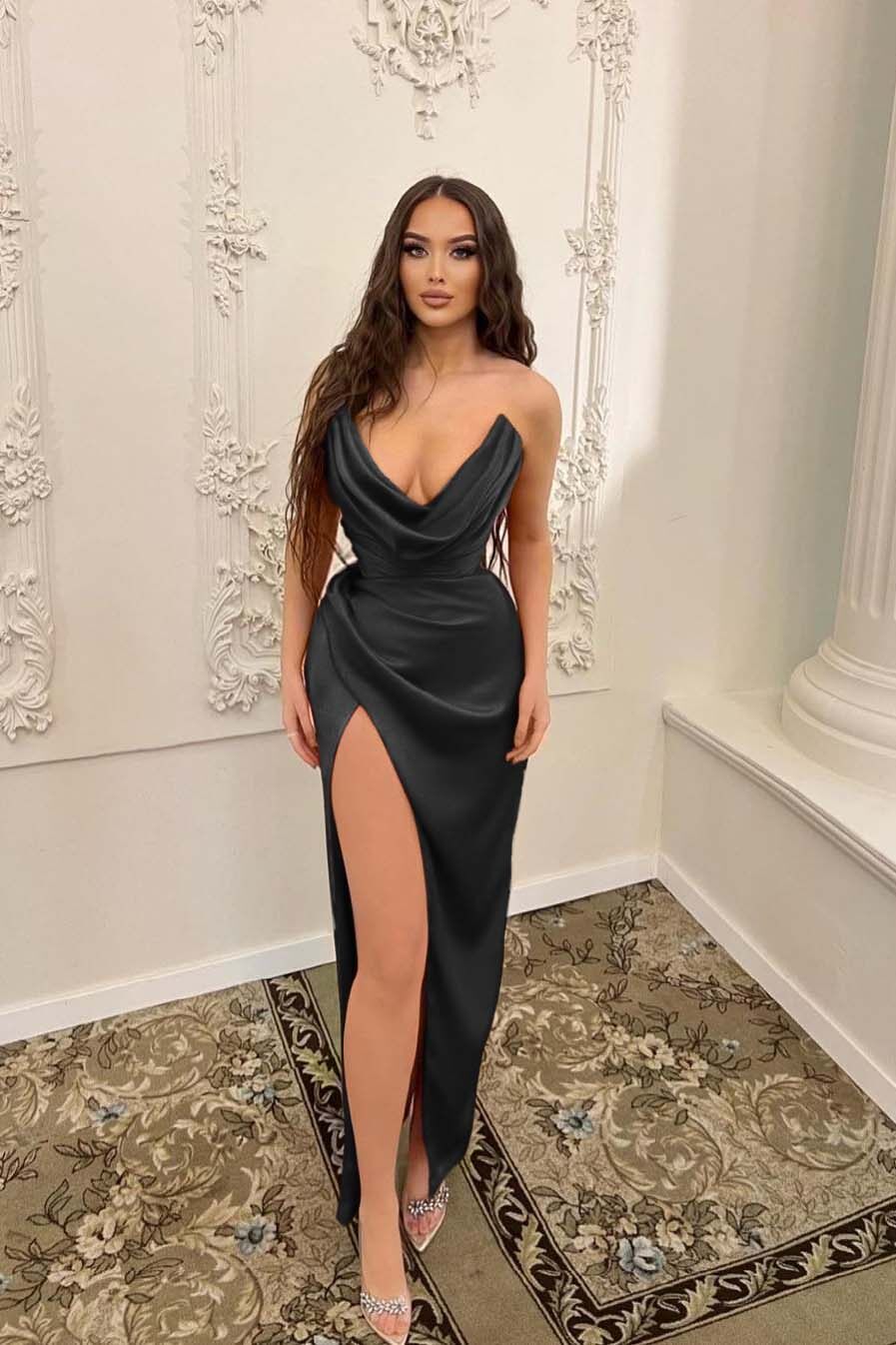 Sleeveless Strapless Long Mermaid Split Prom Dress With Pleated