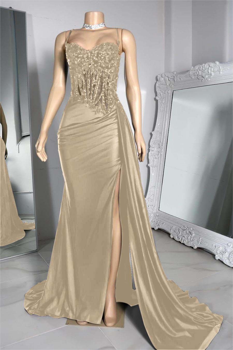 Exquisite Black Spaghetti Strap Sleeveless Pleated Long Split Prom Dress With Beading