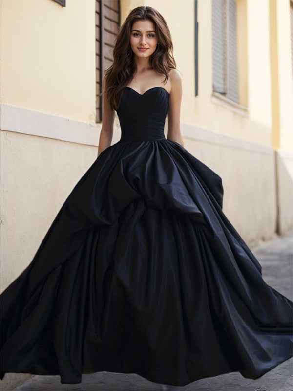 Black A Line Strapless Sweetheart Satin Long Prom Dress