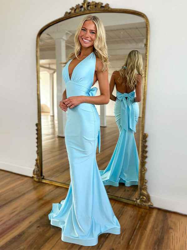 Light Blue Mermaid Halter Backless Long Prom Dress