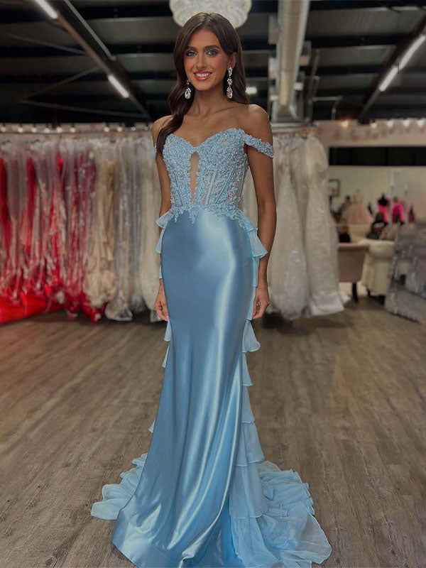 Mermaid Off the Shoulder Corset Long Prom Dress with Appliques