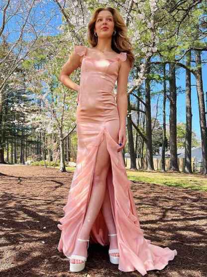 Blush Mermaid Spaghetti Straps Chiffon Long Prom Dress with Ruffles