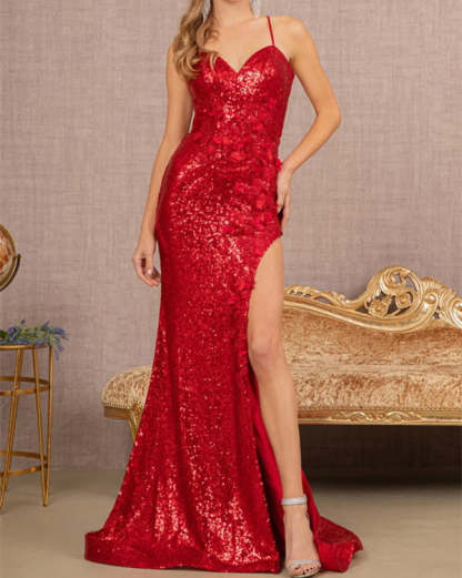 Sequined Split-Side Spaghetti Strap Floor-Length Sheath Prom Dress