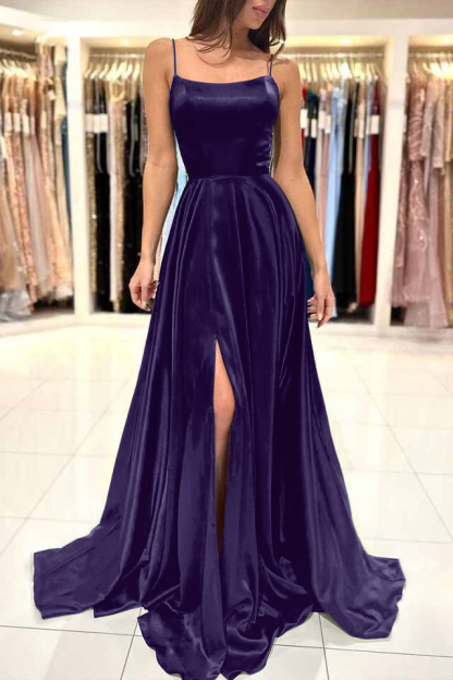 Spaghetti Strap Split Simple Long Prom Dress Green A Line