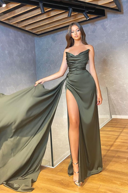 Chic Mermaid Strapless Sleeveless Long Pleated Prom Dress With High Split