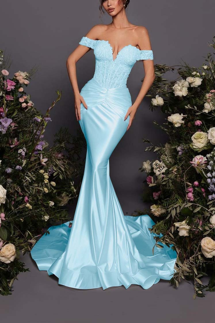 Off The Shoulder Sleeveless Long Mermaid Prom Dress With Pleated