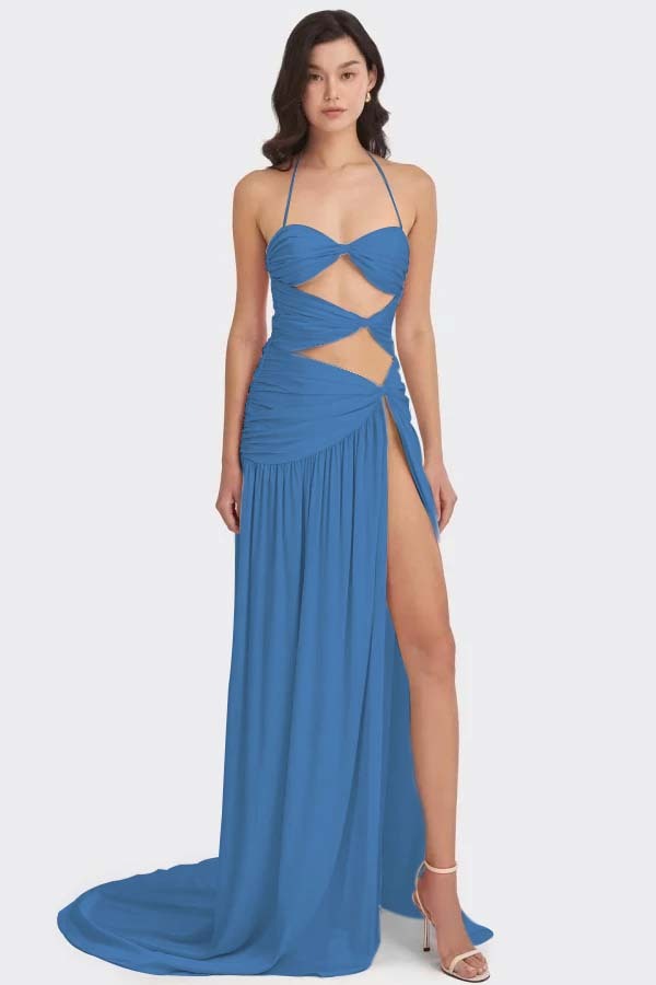 Chic Sleeveless Halter Long High Split Prom Dress With Pleated