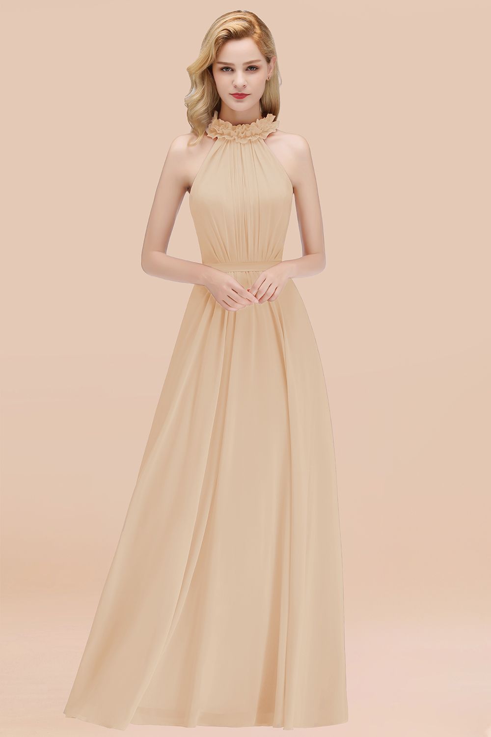 BMbridal Modest High-Neck Halter Ruffle Chiffon Bridesmaid Dresses Affordable-BMbridal